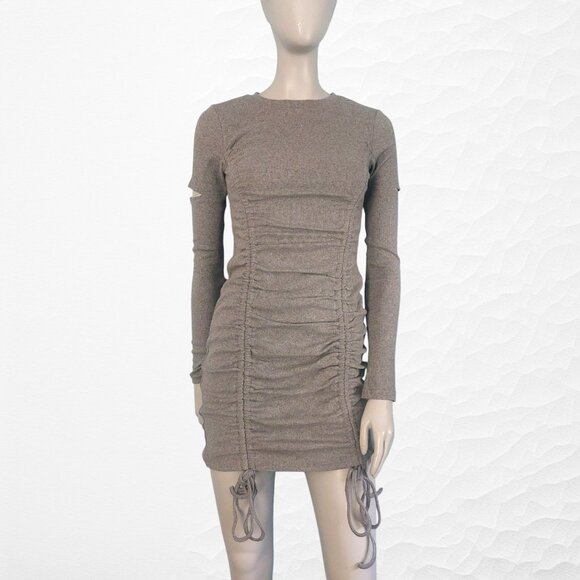 The Kript Ruched Bodycon Mini Dress Gray Large Long Sleeves Ribbed Knit NEW - Picture 6 of 10